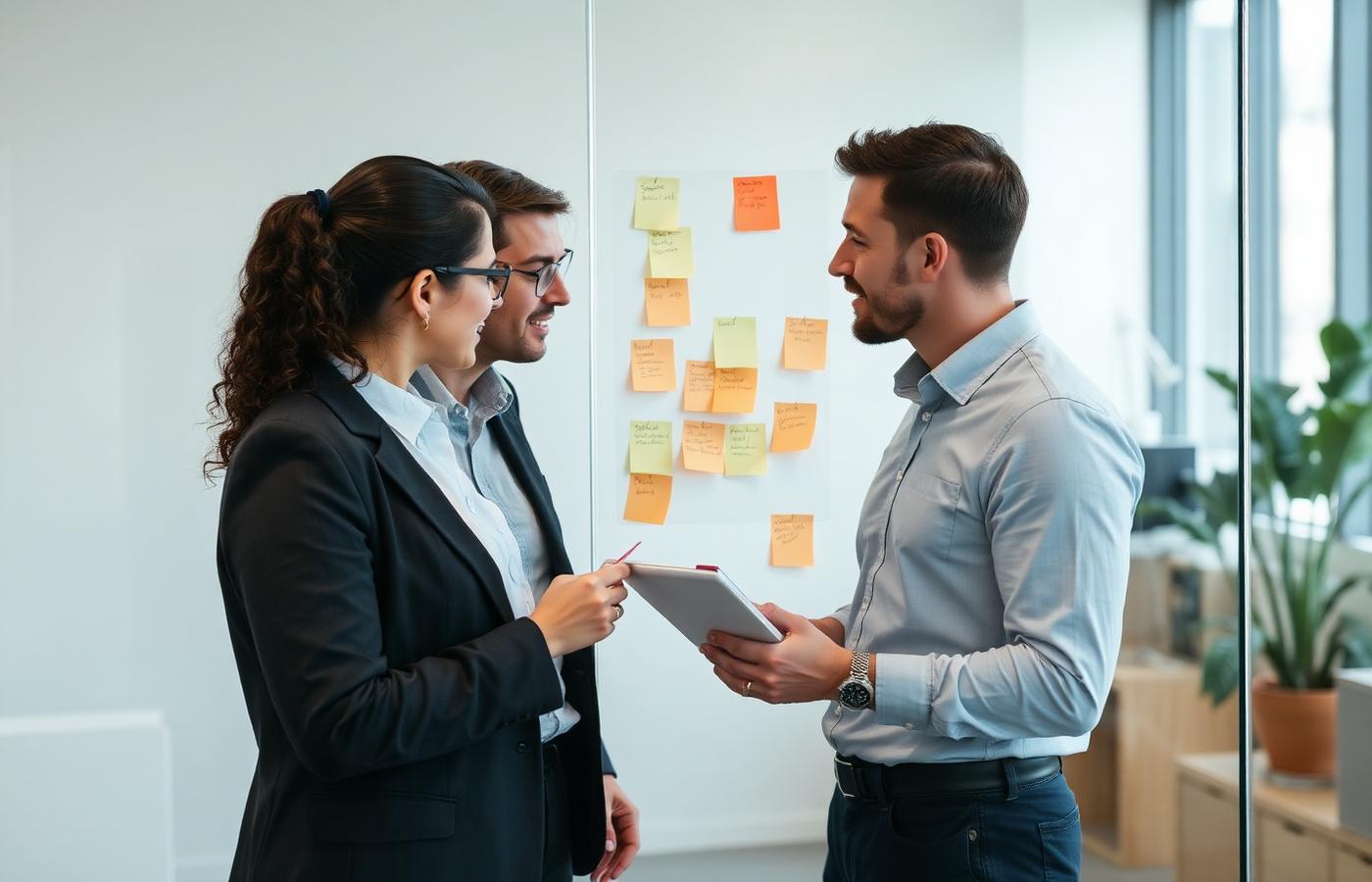 Colleagues discussing a project plan next to a wall of sticky notes in a bright office