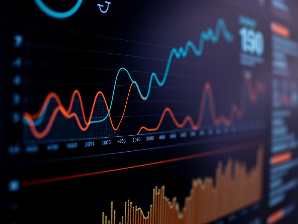 Analytics dashboard showing line and bar charts on a dark screen