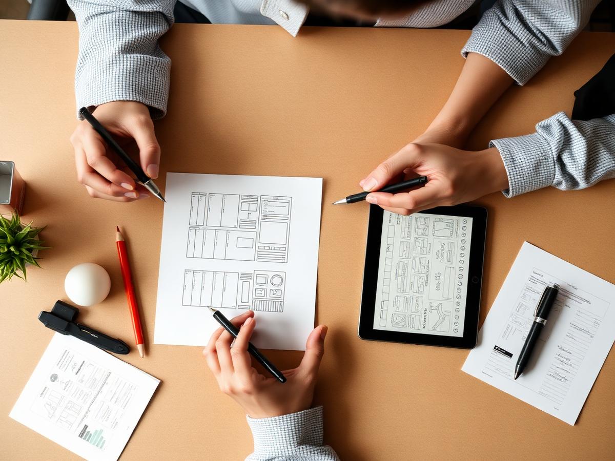Product designers sketching interface wireframes on paper and a tablet