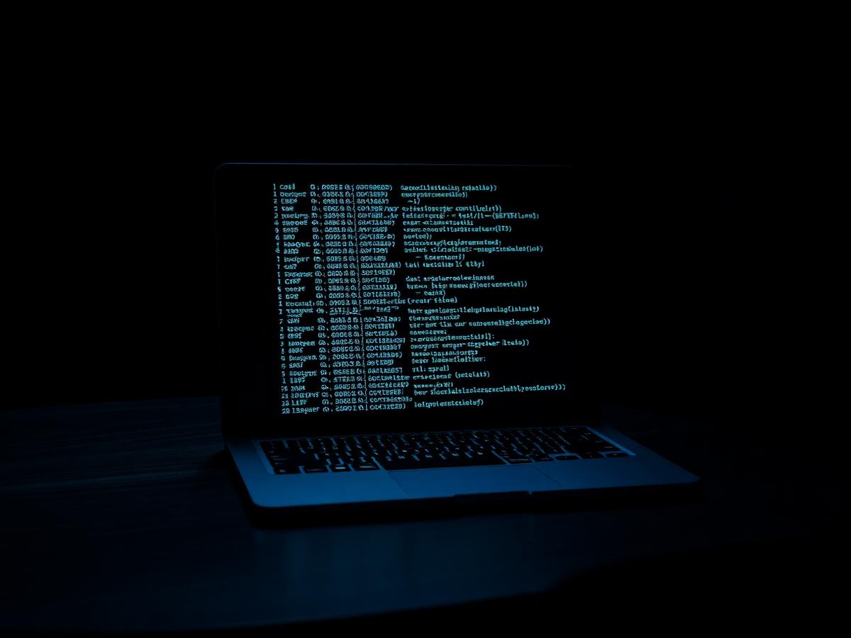 Laptop displaying encrypted application code in a dark room, illustrating cybersecurity work